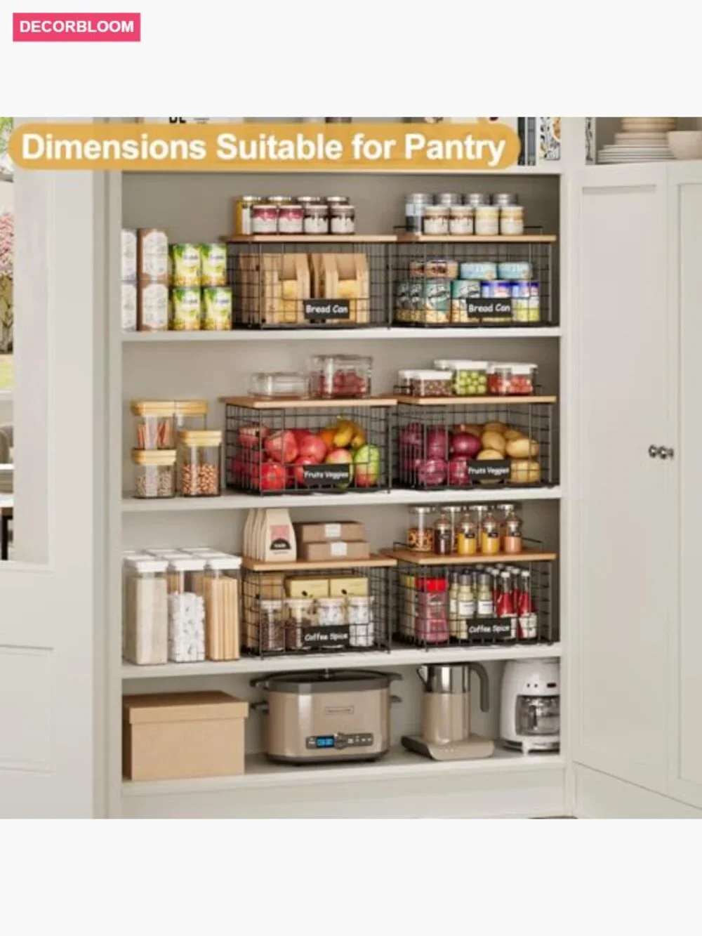 2-Pack Stackable Wire Baskets with Bamboo Top - Kitchen Storage Organizers